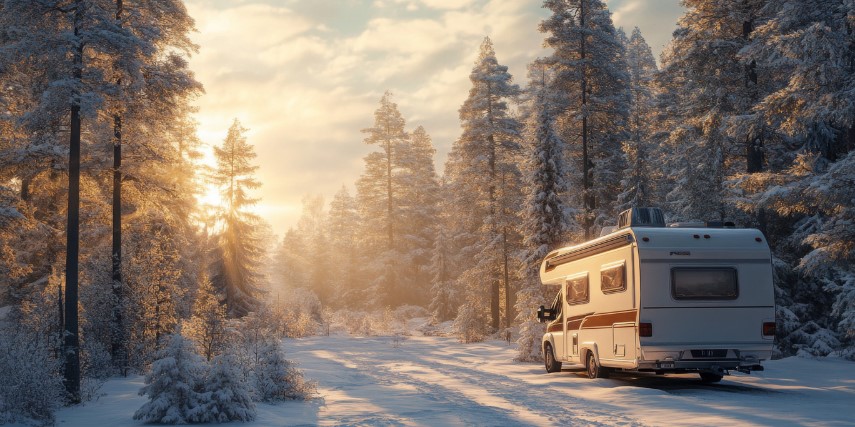 An RV is parked along a snowy road lined with tall pine trees. The sun casts a golden light across the scene.