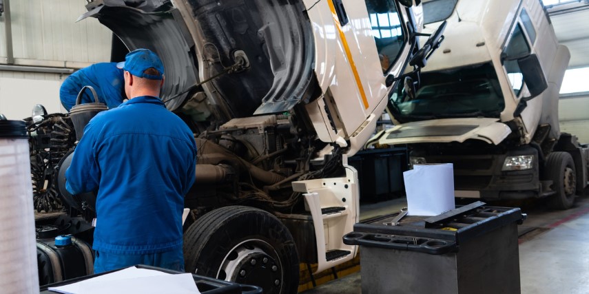 A mechanic inspects a diesel truck with another truck awaiting inspection.